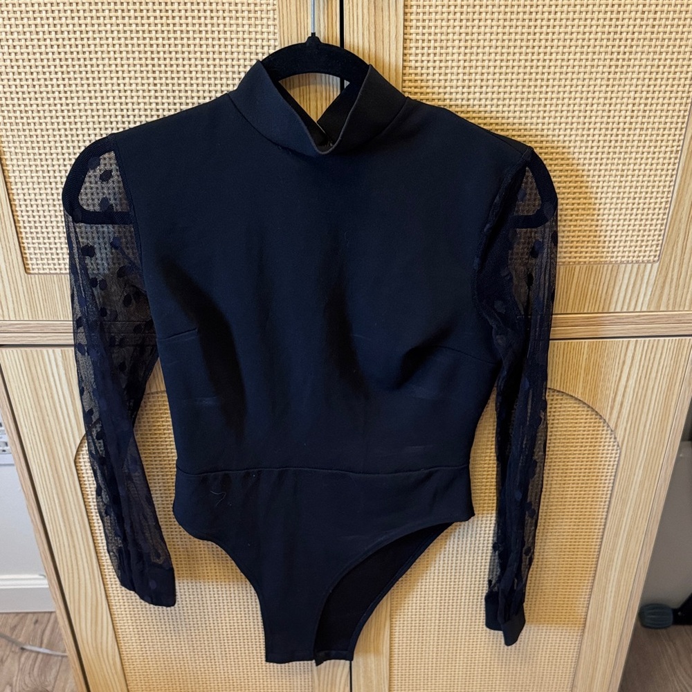 Boohoo Black Bodysuit with Lace Sleeves